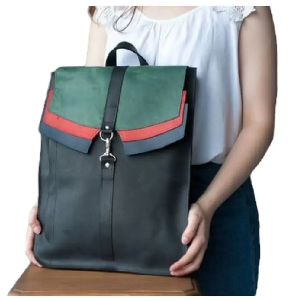 Leather Handmade Backpack Laptop Flap Closure Adjustable Clasp Unisex Brown